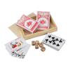 Playing cards in wooden box with dice