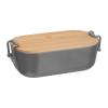 Lunchbox with bamboo lid and clamp closure.