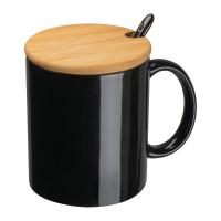 Ceramic mug with spoon and bamboo lid