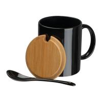 Ceramic mug with spoon and bamboo lid