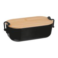 Lunchbox with bamboo lid and clamp closure.
